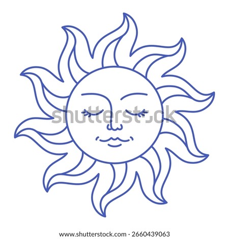 Sun in mediterranean blue. La dolce vita hand drawn sun. Minimal magic abstract outline sun illustration. Vector illustration in trendy flat style