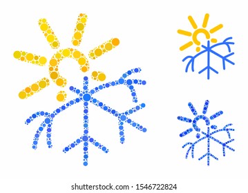 Sun melting snowflake mosaic of circle elements in various sizes and color tones, based on sun melting snowflake icon. Vector circle elements are organized into blue composition.