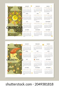 Sonne. Monat. Kalender 2022. Vektorkalender-Vorlage für Planer-Notizbuch, Geschäftsprojekt von Gärtnern und Sommerbewohnern, Planungsplanung von Pflanzen. Die Woche beginnt am Sonntag. Vektorgrafik.