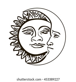 Sun and month emblem isolated over white vector illustration