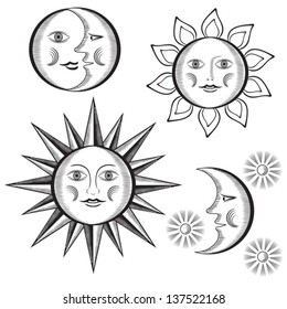  Sun, month and stars on a white background.Vector in vintage style. EPS-10 (non transparent elements, non gradient)