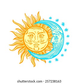 Sun, month and stars.Vector in vintage style folklore