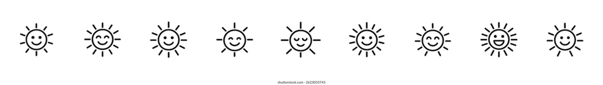 Sun mood icons set. Various expressions smilig