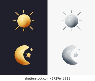 Ícones 3D do Sol e da Lua definidos isolados no escuro e no branco. Dia e noite, modo claro e interruptores de modo escuro para o site, interface de aplicativo móvel. Ícone de vetor, para web design, ilustração de infográficos