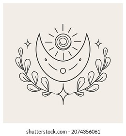 Sun and moon among the branches. Power of nature. Celestial objects. Symbolism. Vector illustration