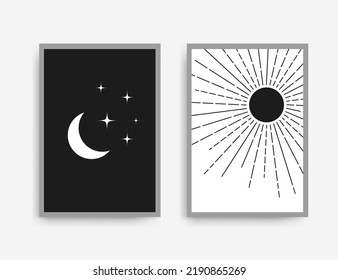 Sun and moon art prints vector set. Wall decor in Mid Century Modern style. Boho prints set. Geometric abstract minimal wall art set design for posters, printable. Decor for bedroom. Vector design