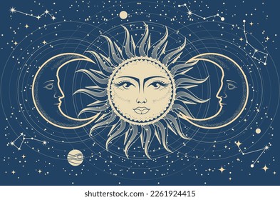 Sun and moon, astrology and horoscope background, eclipse, vintage crescent, tarot mystical symbols, vector 