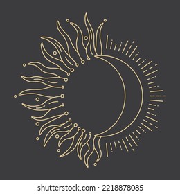 Sun and Moon astrology symbols in trendy linear minimal style vector illustration. Abstract boho logo drawing for tattoo, print design.