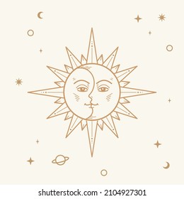 Sun moon astrology tarot illustration tattoo design vector gold isolated background