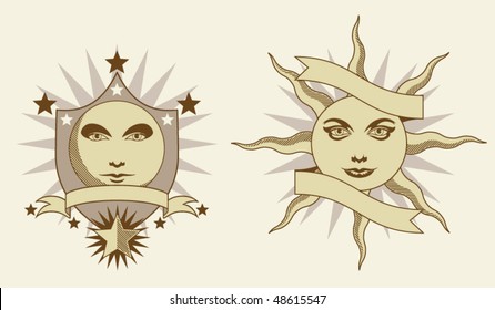 Sun and moon banners in olde time style