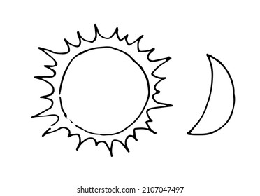 Sun and moon. Beautiful space object. Simple doodle drawing in childish style. Outline sketch. Hand drawing is isolated on white background. Vector.