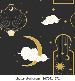 the sun and moon, the beauty of the eastern night. traditional folk spiritual elements. space objects. Vector graphics