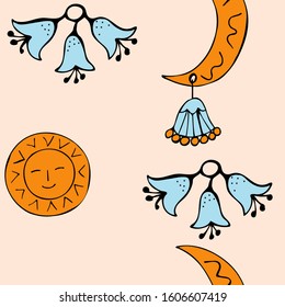 The sun and the moon with bells are painted with hands in the style of folk art. Pink seamless background. Design for fabric, print, postcard, cover, packaging. Vector illustration.