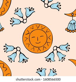 The sun and the moon with bells are painted with hands in the style of folk art. Pink seamless background. Design for fabric, print, postcard, cover, packaging. Vector illustration.