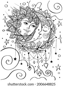 Sun and moon bohemian style ornamental adult coloring book page, zentangle art.