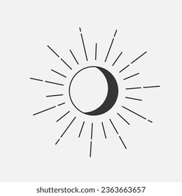 Sun and moon boho style. Sunburning hipster element. Decor line icon. Vector