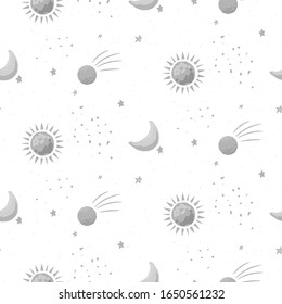 Galaxia de dibujos animados de sol y luna sin fisuras de fondo vectorial con planetas y formas cósmicas estrella. La astrología del universo estelar repite textura.