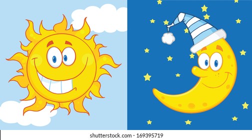 Sun And Moon Cartoon Mascot Characters. Vector Illustration 