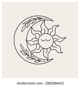 Sun and moon. Celestial boho objects. Line drawing. Vector illustration