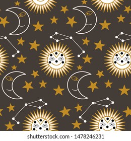 Sun, moon and celestial elements on a dark background, seamless pattern design, that can be used on the web, or in print for surface design