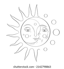 Sun with the moon celestial line art black and white graphics vector drawing sketch
