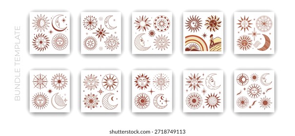 Paquete de ilustración de arte de línea celestial y luna de sol en estilo boho