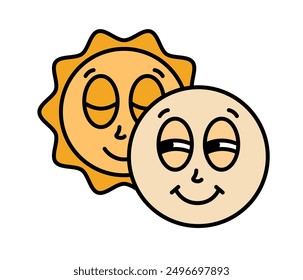 Sun moon characters with cartoon funny face. Groovy sticker with solar eclipse symbol. Weather icon. Emoji expression. Retro Vector illustration on white background