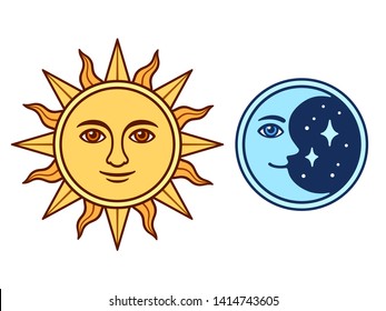 Sun and moon characters with smiling face, vintage color drawing. Isolated vector illustration of antique style celestial symbols.