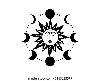 Sun and Moon Circle Icon Vector illustration. Mystical Sun with Face, Celestial, Moon Phase, Boho style, Sunshine Symbol emblem isolated on White Background