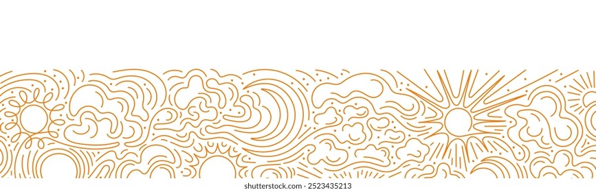 Sun, moon, cloud backdrop. Cloudy weather, wind, sky in minimal style. Weather forecast. One continuous thin line. Clean energy, ecology. Vector golden sketch for taro, astrology, cosmic design