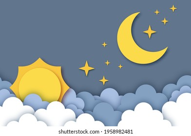 Sun and Moon with cloud. Cloudy sky. Paper cut Weather.