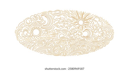 Sun, moon, cloud. High waves, storm. Change of phases of moon and day and night. Graphic weather forecast. Vector line vintage backdrop. Abstract aesthetic circle symbol. Editable contour