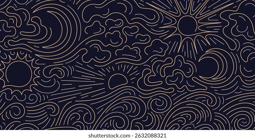 Sun, moon, cloud. High waves, night storm. Change of phases of moon. Graphic weather forecast. Vector line vintage backdrop. Abstract aesthetic circle symbol. Editable contour