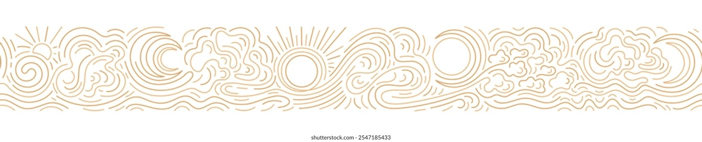 Sol, luna, nube. Paisaje con mar, océano, horizonte, ola. Playa lineal bohemia. Abstractas fondo estético. Dinámica impresión sin fin. Vector friso dorado. Diseño gráfico esotérico