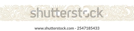 Sun, moon, cloud. Landscape with sea, ocean, skyline, wave. Bohemian linear beach. Abstract aesthetic background. Dinamic endless print. Vector golden frieze. Graphic esoteric design