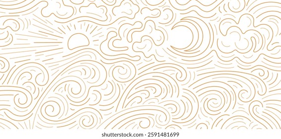 Sun, moon, cloud line backdrop. Landscape with deep sea, texture wave. Chinese pattern. Bohemian minimalist sunrise. Abstract aesthetic background. Vector golden esoteric art design