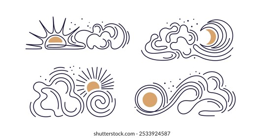 Sun, moon, cloud line set. Stars on windy sky in minimal style. Graphic astronomy design. Editable stroke. Vector art symbol isolated on white background