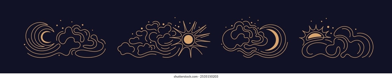 Sol, lua, conjunto de linhas de nuvens. Estrelas no céu ventoso. Elementos esotéricos celestes mínimos para logotipo, tatuagem, sinal de explosão solar boêmia. Design astronômico. Traçado editável. Símbolo de arte vetorial 