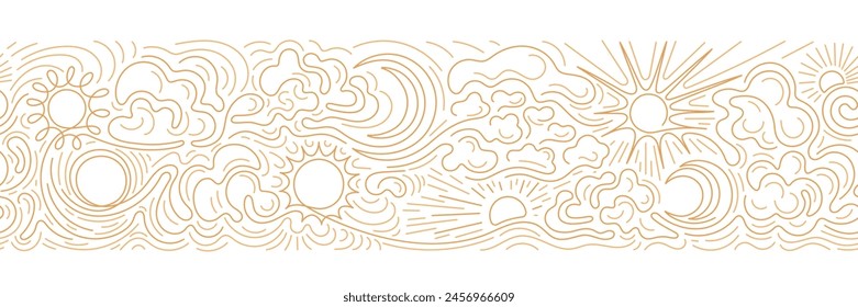 Sol, luna, nube. Línea de bosquejar patrón sin fisuras en estilo mínimo. Vector dorado friso sobre fondo blanco. Diseño gráfico. Textil cósmico