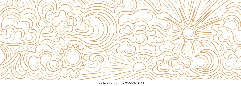 Sun, moon, cloud patern. Landscape with sea, ocean, wave. Chinese line pattern. Bohemian minimalist sunrise. Abstract aesthetic background. Vector golden esoteric graphic esoteric