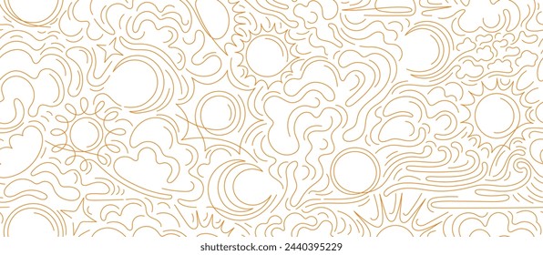 Sun, moon, cloud pattern. One continuous thin line. Cloudy weather, wind, sky in minimal style. Weather forecast. Clean energy, ecology. Vector golden seamless print on white background