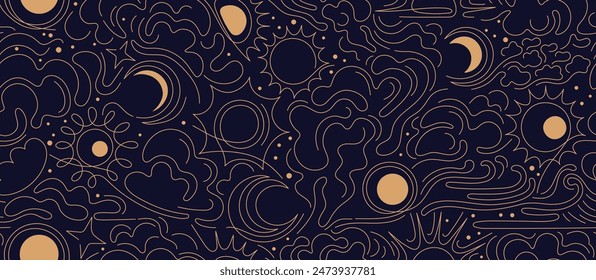 Sun, moon, cloud seamless pattern. Stars on night esoteric sky in minimal style. One continuous thin line. Vector golden print on black background for tarot design, magic boho textile