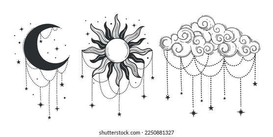 Sun, moon and cloud, Set of mystical elements for boho, astrology, zodiac. Magic heavenly symbols, line tattoo, vector vintage illustration isolated on white background.