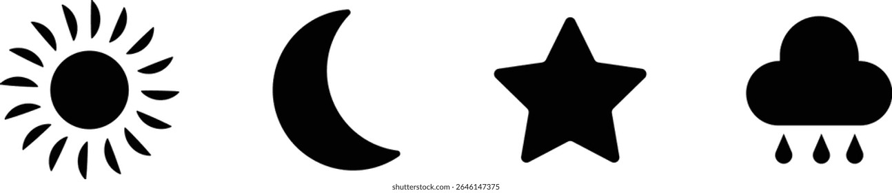 Sun, moon, cloud and star icon set isolated on transparent background. Moon sleeping, sunshine, starshine and rainy cloud. Atmosphere vector illustration. Weather symbols collection for web and app.