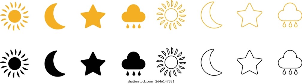 Ícone de sol, lua, nuvem e estrela isolado no fundo transparente. Lua dormindo, sol, luz solar e nuvens chuvosas. Ilustração do vetor da atmosfera. Coleção de símbolos de tempo para web e app.