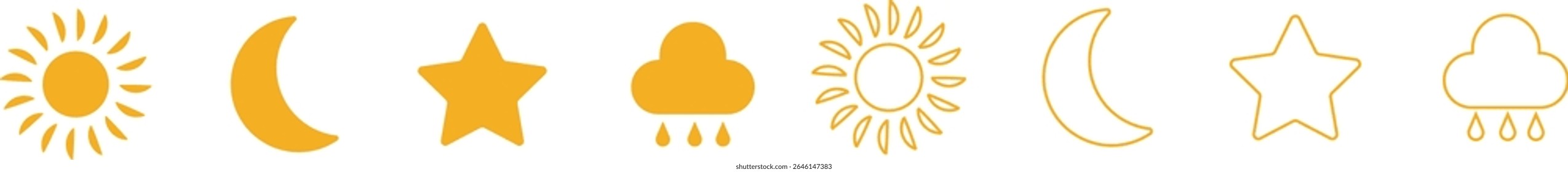 Ícone de sol, lua, nuvem e estrela isolado no fundo transparente. Lua dormindo, sol, luz solar e nuvens chuvosas. Ilustração do vetor da atmosfera. Coleção de símbolos de tempo para web e app.
