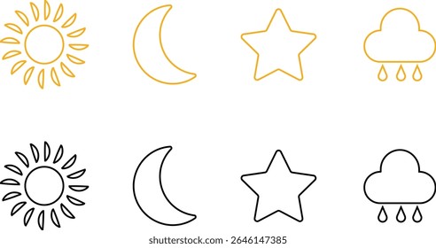Ícone de sol, lua, nuvem e estrela isolado no fundo transparente. Lua dormindo, sol, luz solar e nuvens chuvosas. Ilustração do vetor da atmosfera. Coleção de símbolos de tempo para web e app.