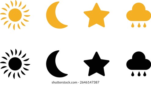 Ícone de sol, lua, nuvem e estrela isolado no fundo transparente. Lua dormindo, sol, luz solar e nuvens chuvosas. Ilustração do vetor da atmosfera. Coleção de símbolos de tempo para web e app.