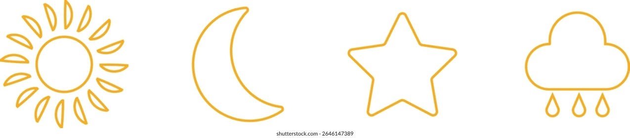 Ícone de sol, lua, nuvem e estrela isolado no fundo transparente. Lua dormindo, sol, luz solar e nuvens chuvosas. Ilustração do vetor da atmosfera. Coleção de símbolos de tempo para web e app.