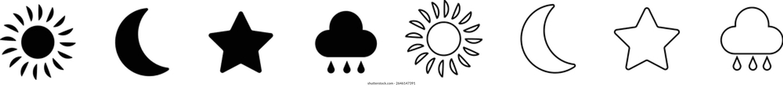 Ícone de sol, lua, nuvem e estrela isolado no fundo transparente. Lua dormindo, sol, luz solar e nuvens chuvosas. Ilustração do vetor da atmosfera. Coleção de símbolos de tempo para web e app.